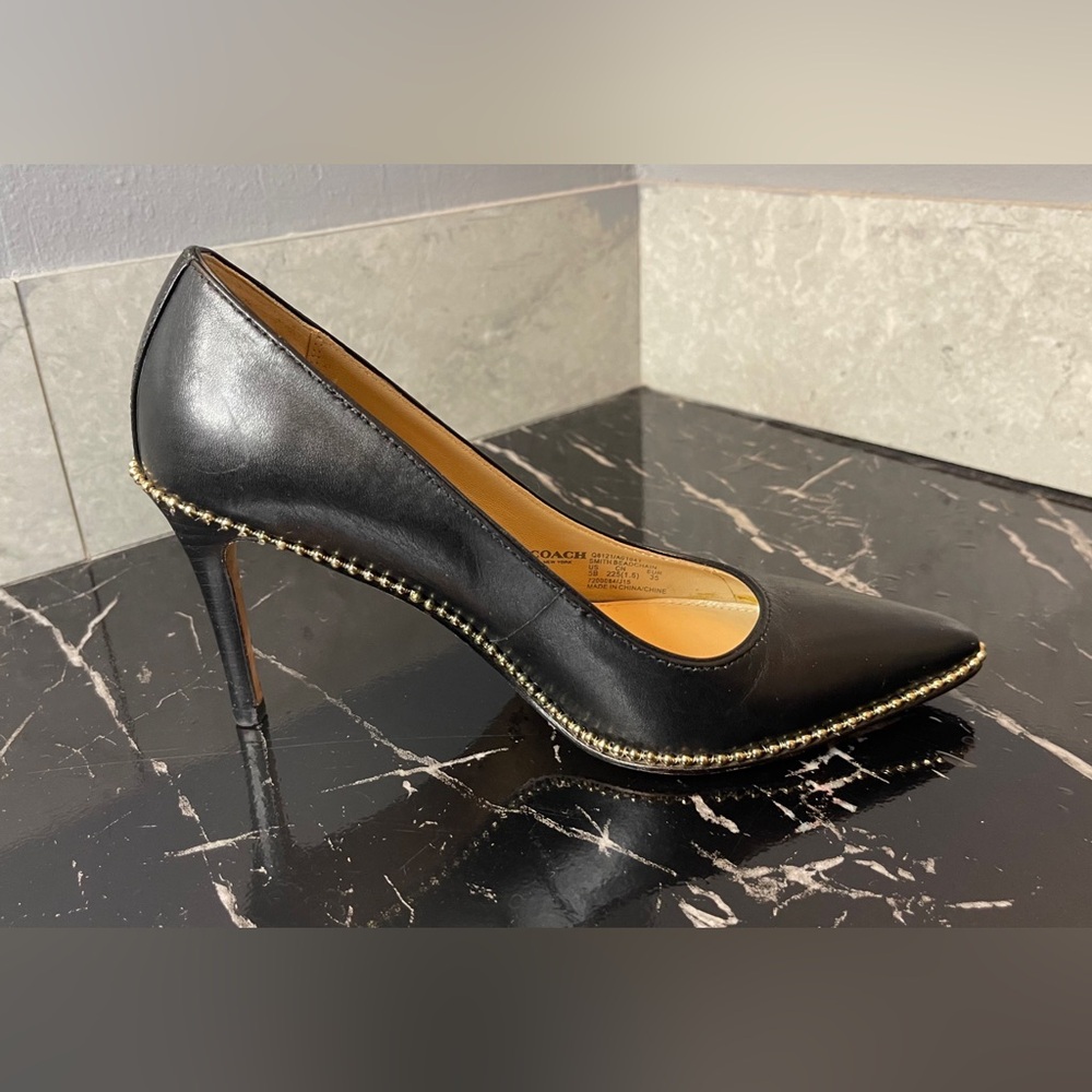 Coach Black Leather Pointed Toe Pumps with Gold Braided Trim - Picture 10 of 14